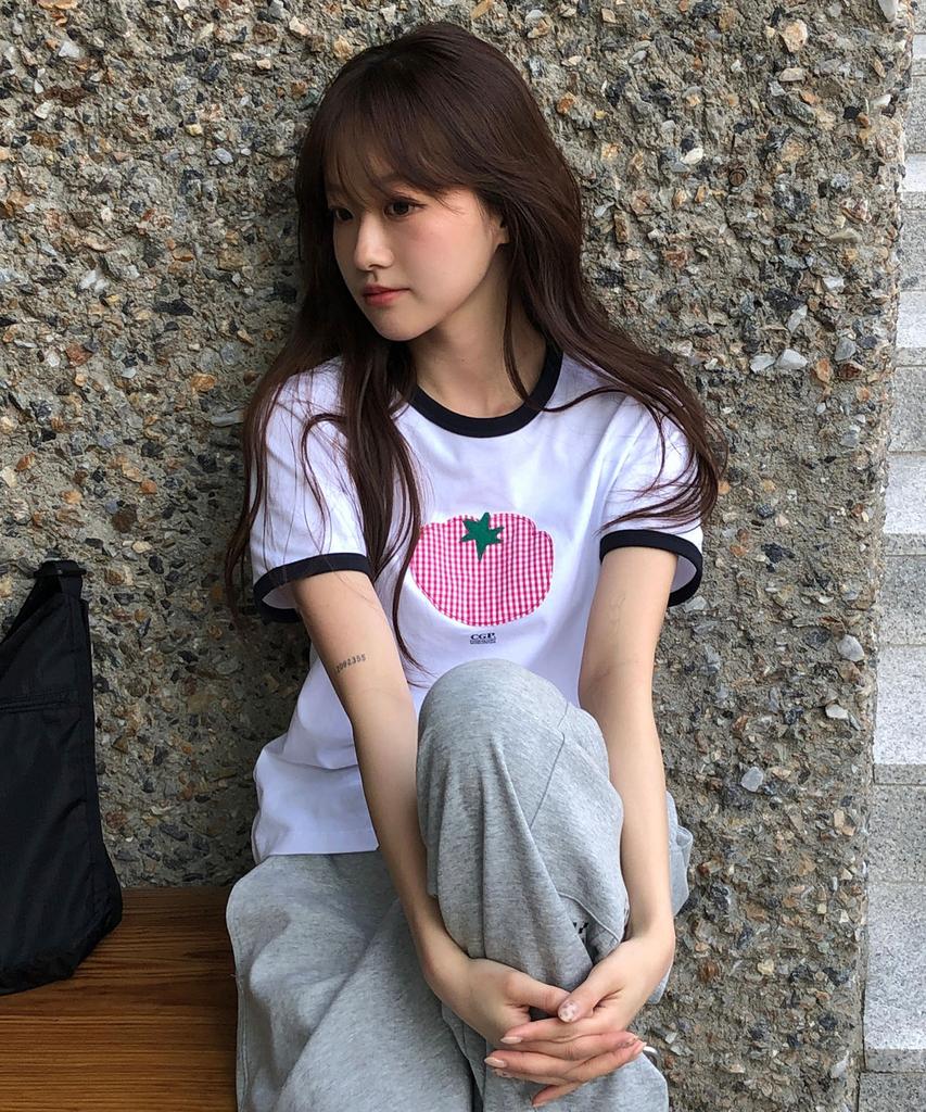 CGP (Women) Check Tomato Ringer Short Sleeve T-Shirt - White