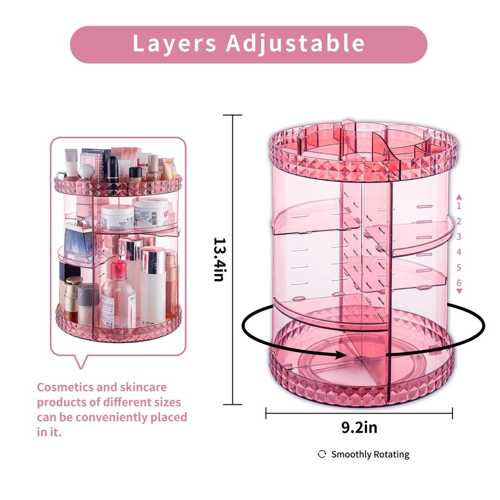 Large Capacity Acrylic Makeup Box with Rotating and Diamond Perfect for Cosmetics and A Gift for Women Pink Diamond Pattern Dividers, 360° Design,
