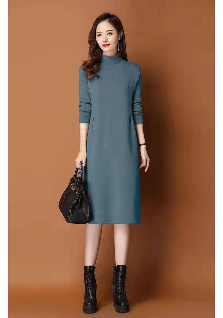 Women's Wool Knit Dress: Autumn/Winter Korean Style, Half-High Collar, Loose Fit, Medium-Long Skirt