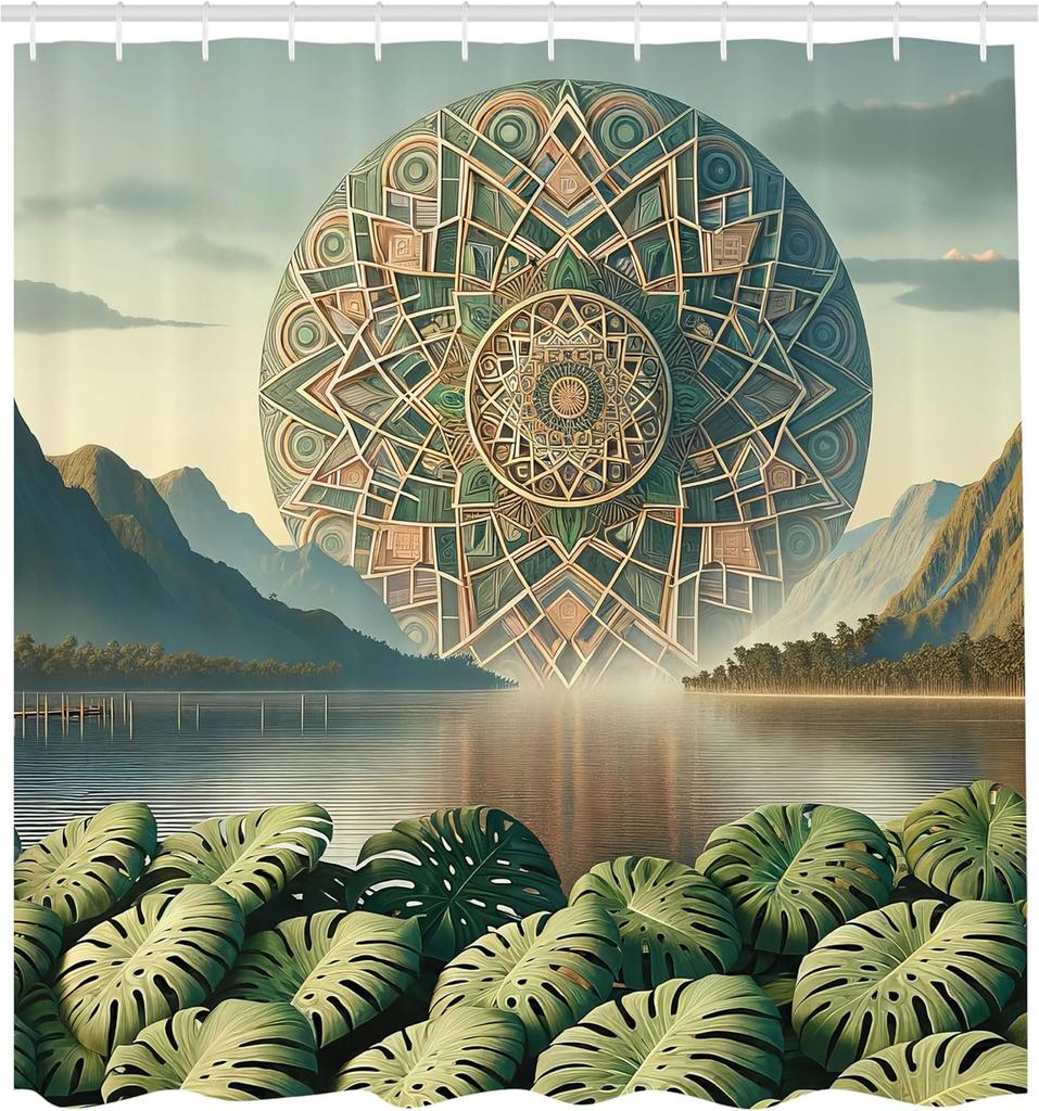 Sage Green Shower Curtain, Oriental Dream of Boho Mandala with Mountain Range Monstera Leaves and Lake, Cloth Fabric B
