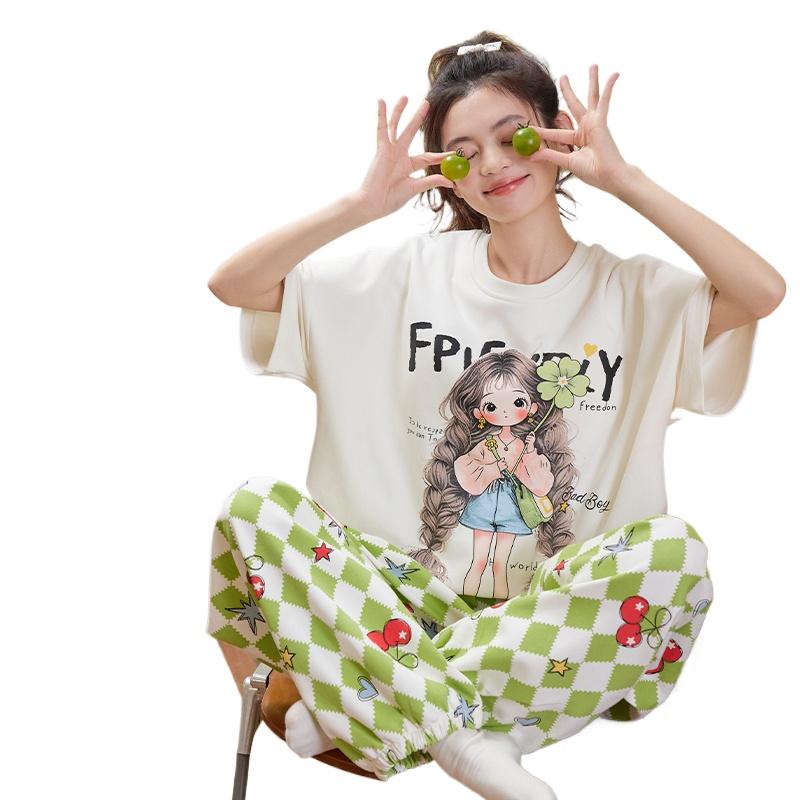 Women's Cotton Pajamas Summer New Sle Ort Sve Long Pants Large Size Cartoon Cute Sweet Home Leisure Suit Set Casual Fasion