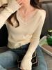 Gray Lace V-Neck Knit Sweater - Women's Slim Fit Long Sleeve Hollow Out Top for Autumn/Winter