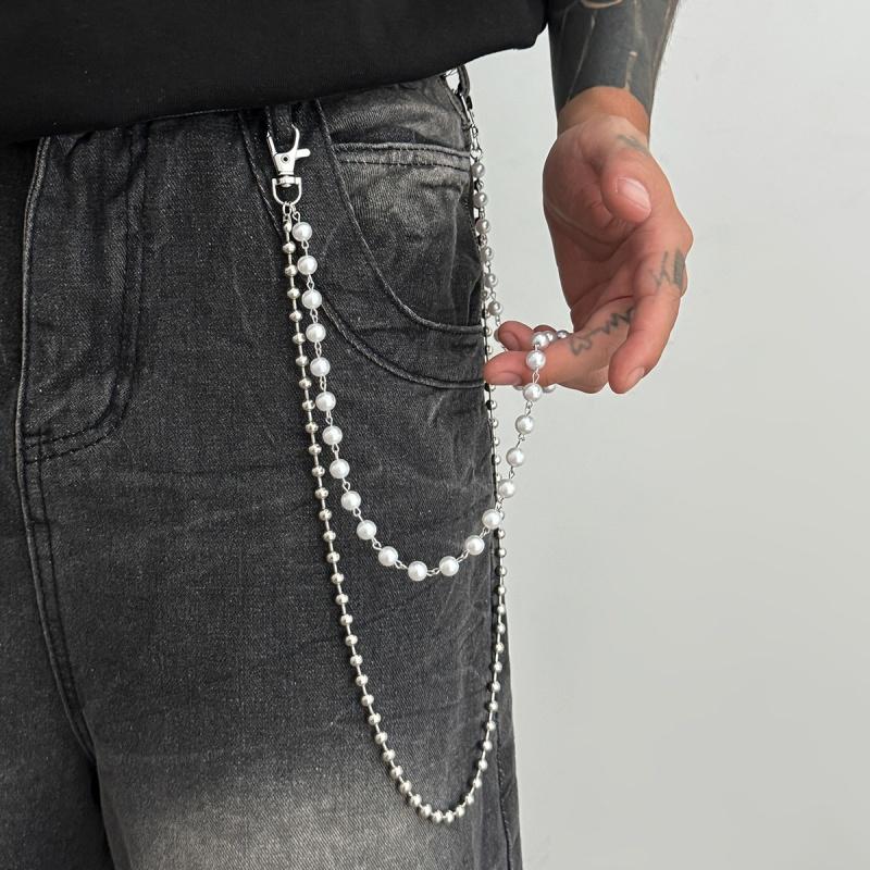 Men Hip Hop Multilayer Imitation Pearl Jeans Pants Keychain Chain Women Trousers Hipster Pant Chains Party Decoration