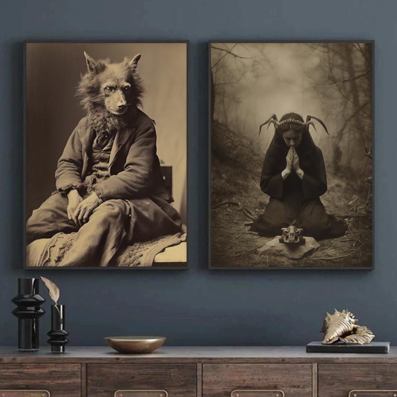 Temná magie Vlkodlak Dinosaurus Kovboj Frankenstein Vintage fotografie Plátno Plakát Nástěnné obrázky Halloween Domácí dekorace
