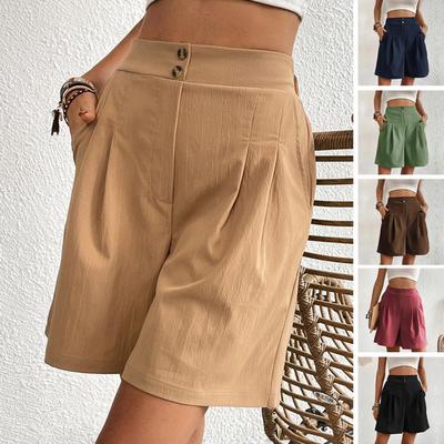 Women Summer Shorts High Waist Button Wide Leg Casual Solid Color Dress Up Loose A-line Office Short Pencil Pants Female Clothes