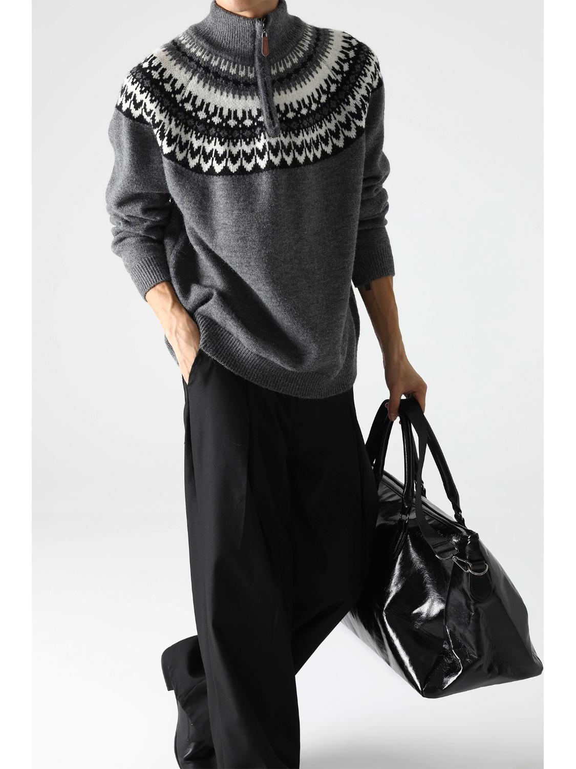 Men s Gray Retro Fair Isle Half-High Neck Sweater with Zipper 2XL серый