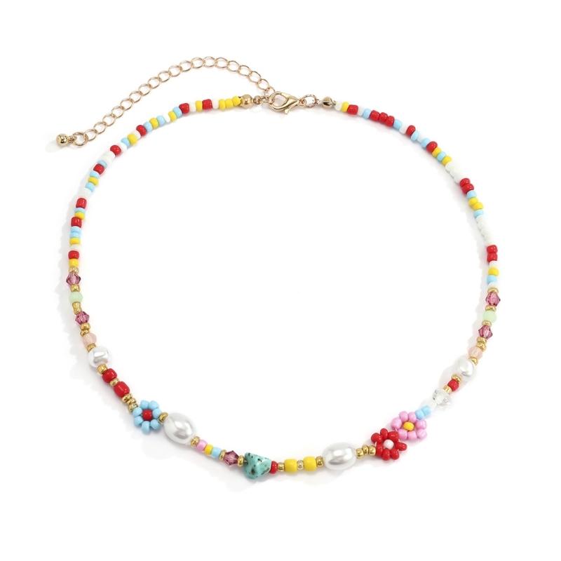 Cute Flowers Choker Imitation Pearls Colorful Beaded Necklace Sweet Short Clavicle Chain Necklace Fashion Jewelry
