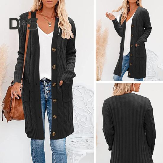 Women Sweater Cardigan V-neck Long Sleeve Twist Texture Knitting Tops with Pockets Solid Color Button-Up Knitting Jacket