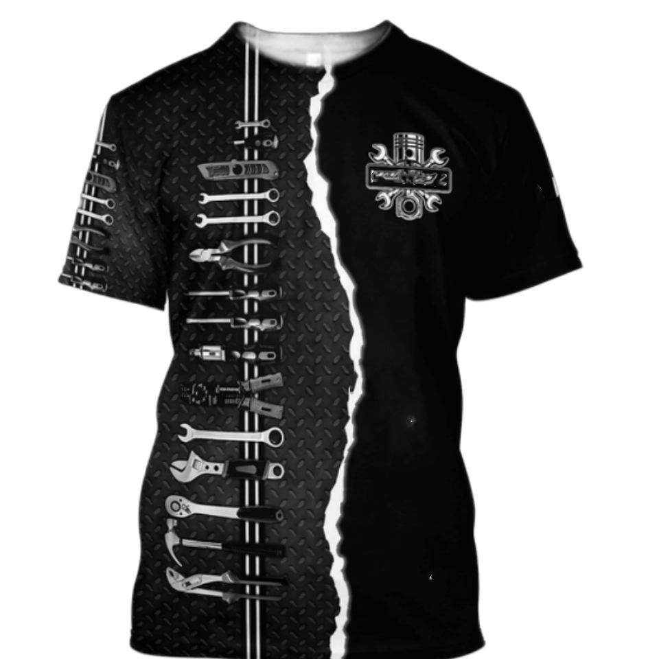 Mechanic 3D Printed Short Sleeved T-shirt Summer Breathable Polyester Simple Round Neck Top