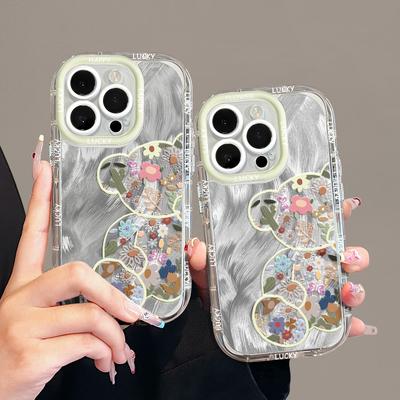 Cartoon Floral Bear Suitable for Apple 16promax Mobile Phone Case Iphone15plus Feather Cream 14/13