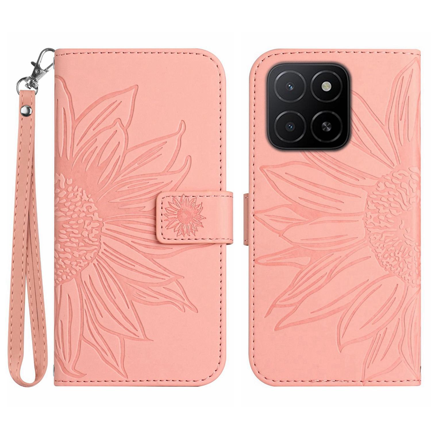 

For Honor X8c 4G Case Sunflower Imprint Leather Wallet Phone Cover with Wrist Strap Light Pink
