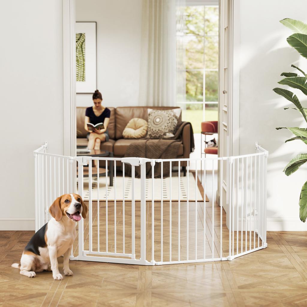 Pet Fence, 6-Panel Barrier with Door, Foldable, for Small & Medium-Sized Dogs, Plastic, Carbon Steel, White