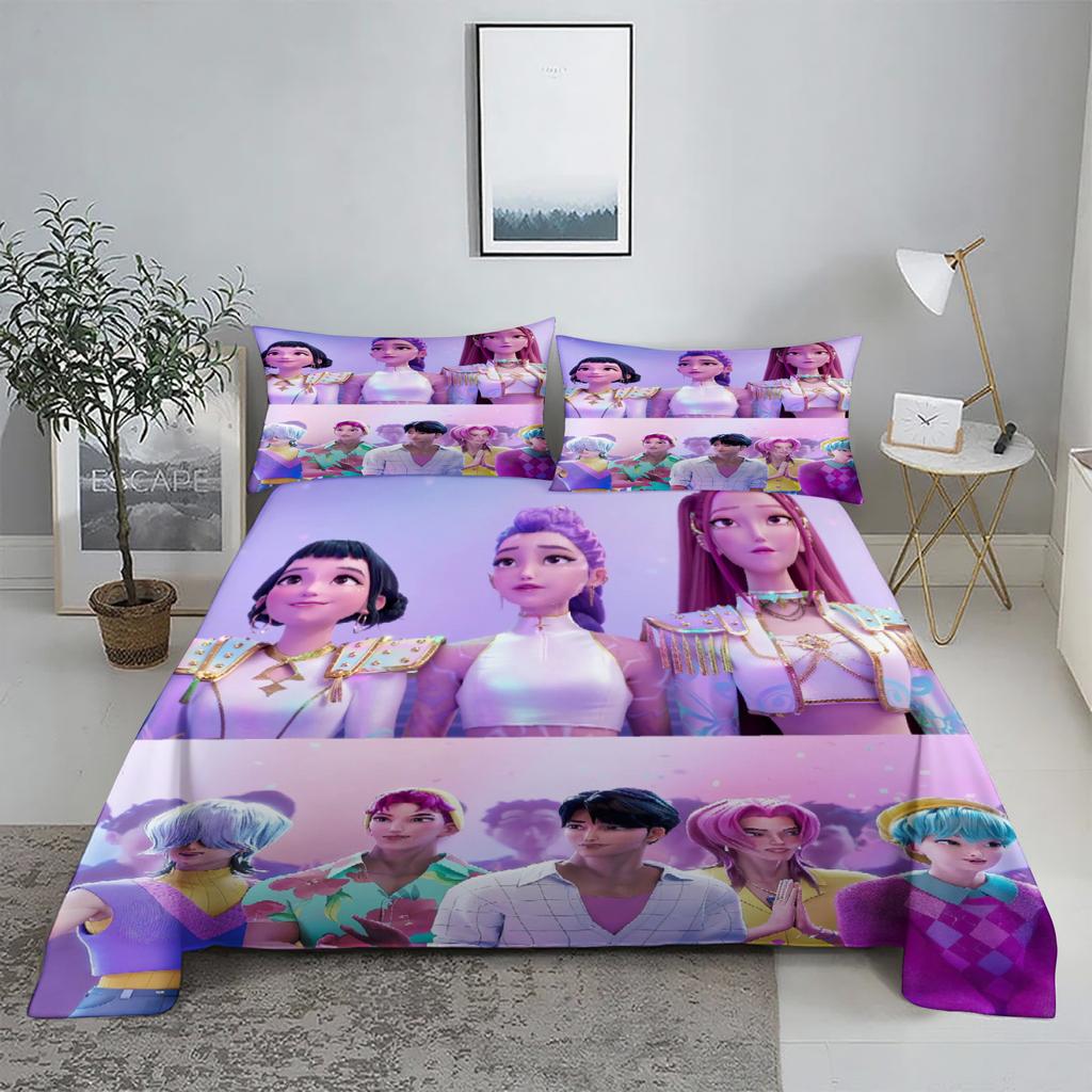 ZOEY RUMI ZIRA D-Demon Hunters K-pop Bed Sheet Set 3D Printed Bed Flat Sheet With Pillowcase Bed Linen King Queen Size