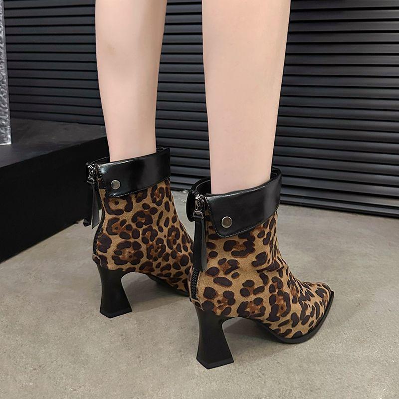 Korean Style Women’s High Heel Suede Boots - Autumn/Winter 2025: Versatile Chunky Heel, Pointed Toe, Leopard Print