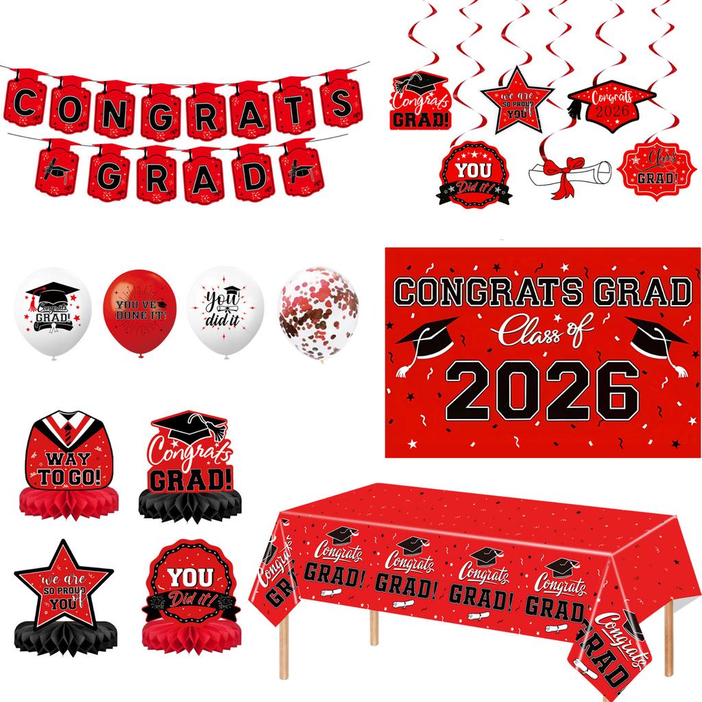 Graduation Party Decoration Set 46 Pieces Includes Banner Balloons Tablecloth Hanging Swirls and Backdrop for Graduation Event