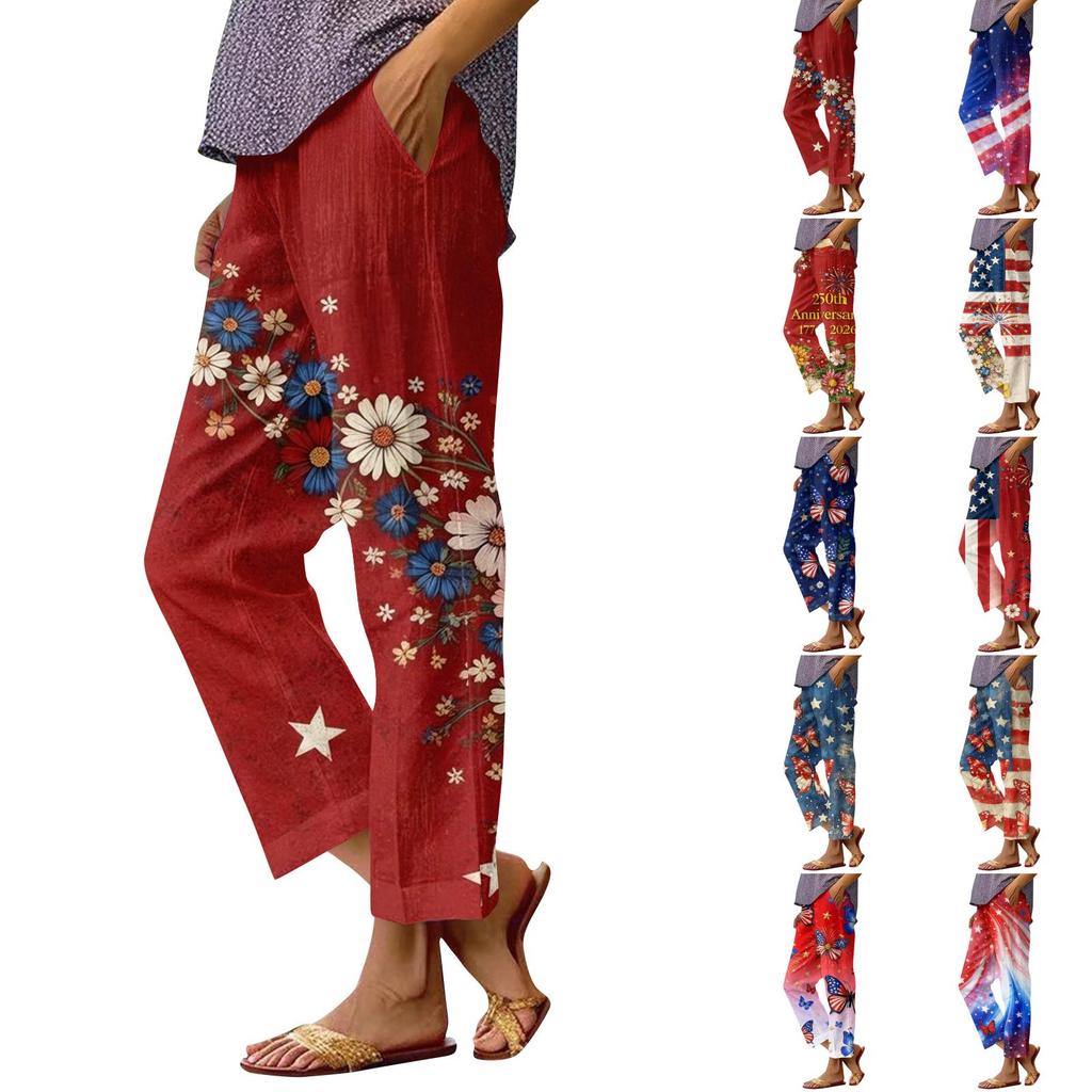 Dámské ležérní módní potištěné kalhoty s rovnými nohavicemi s kapsami