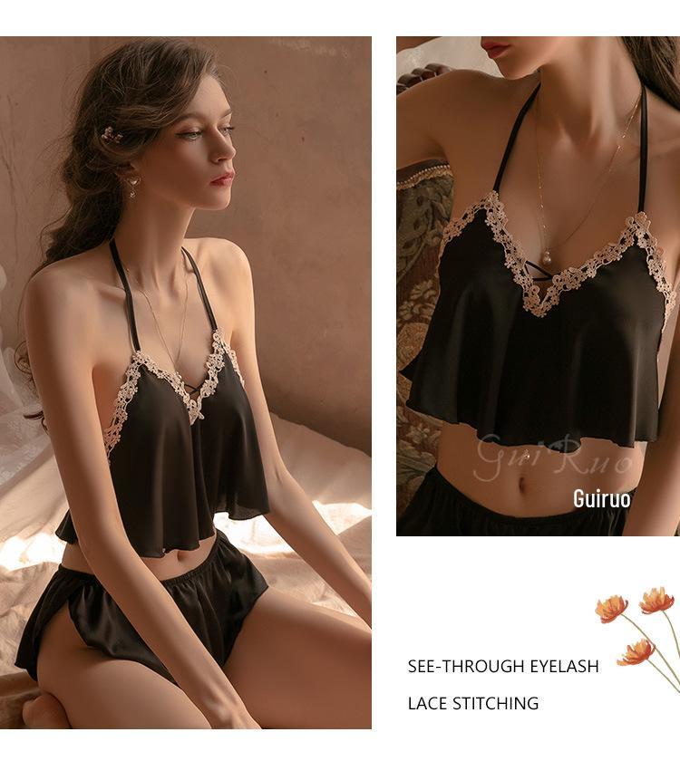 Guiruo Satynowa Koronka Damski Zestaw Piżamowy: Uwodzicielska koszulka na ramiączkach i prześwitujące szorty - Styl 705