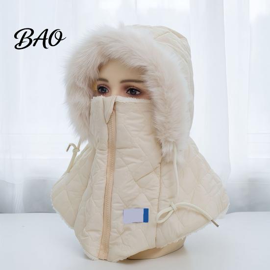 Fashionable Winter Headwear Women Balaclava Hat, Quilted Face Mask Hood Zipper Closure, Fuzzy Trim, Hat for Cold Weather Fleece Lined, Warm Windproof