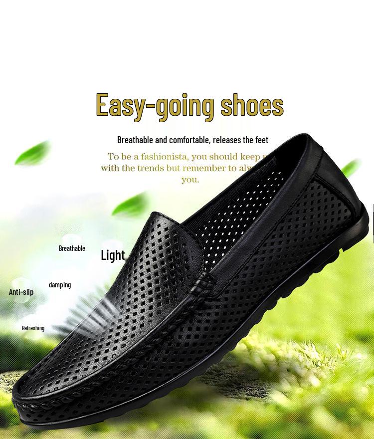 Men's Hollow Leather Slip-On Loafers - Breathable, Summer, Low-Top Flats, Large Size Cowhide Casual Shoes