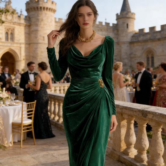 Abito da sera da donna a maniche lunghe in velluto per feste, con scollo drappeggiato, arricciato, spacco, aderente, midi, per invitati a matrimoni