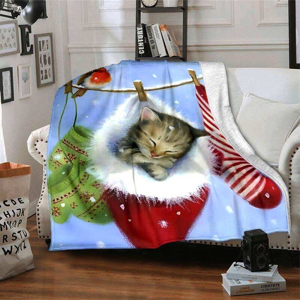 Christmas Cat Blanket Soft Throw Blanket For Home Bedroom Bed Sofa Travel Office Solid Christmas Blanket