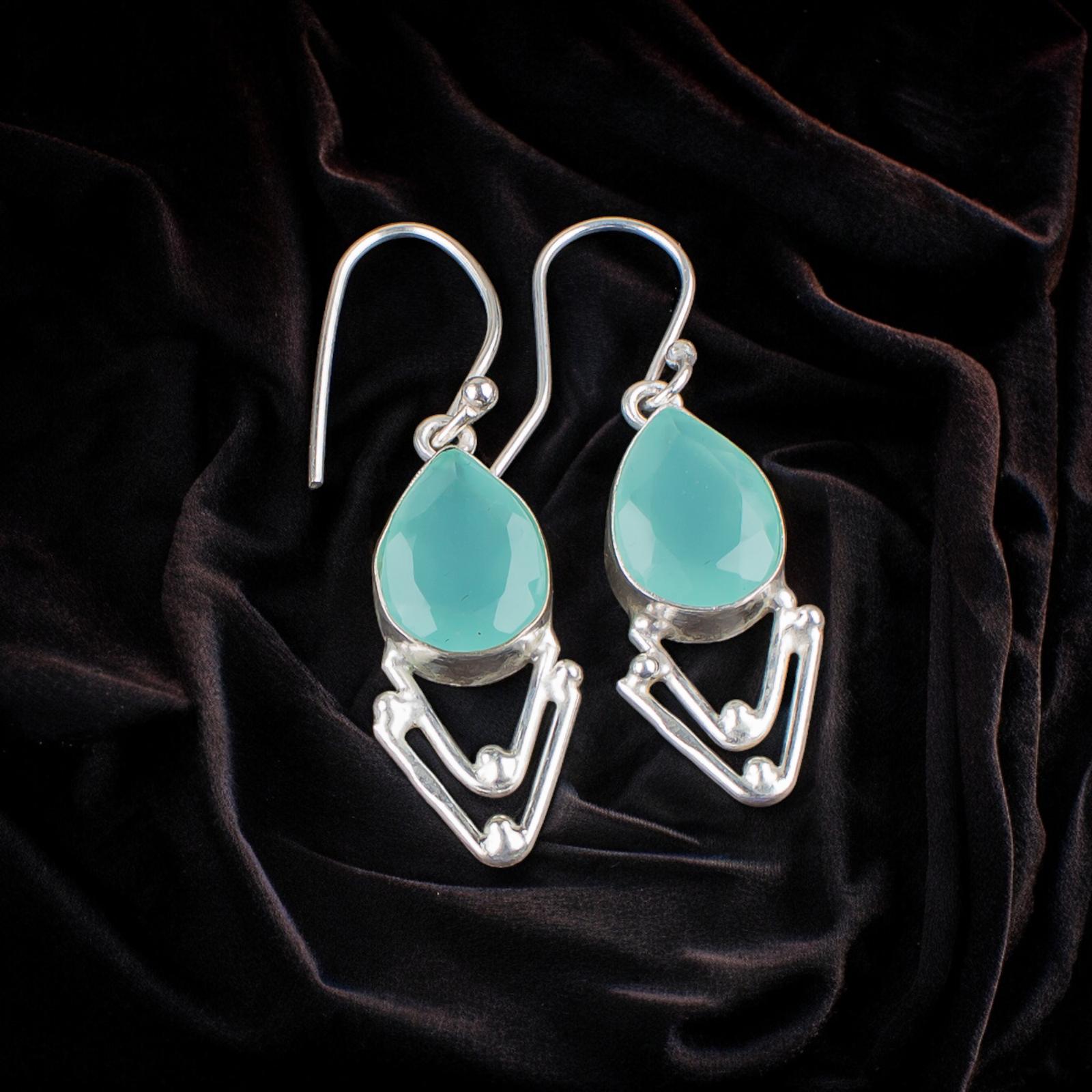 

Аква Халцедон Драгоценный Камень 925 Стерлинговое Серебро Ювелирные Изделия Ручной Работы Серьги 1.90 EE-39-17