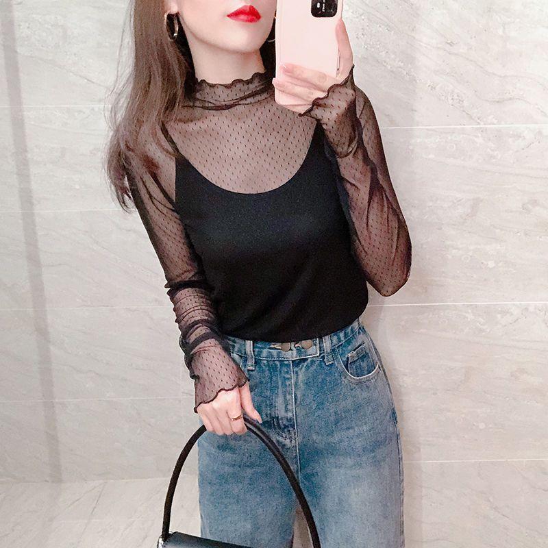 Half High Collar Mesh Base Sweater for Women In Autumn and Winter with A Pile of Collars and Gauze Underneath Sexy Lace Top