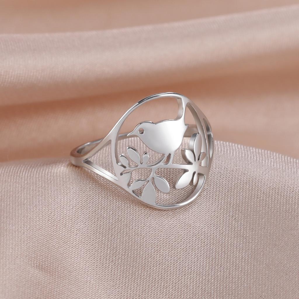 Bird Tree Leaves Ring Stainless Steel Women Finger Rings Bohemian Aesthetic Jewelry Gift for Lover Friends