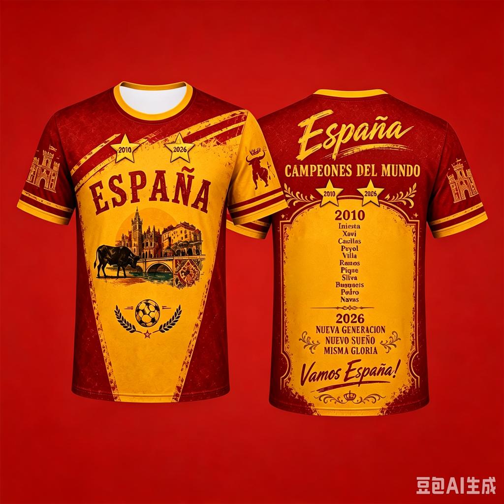 Men Two-Star Spain Commemorative Football Jersey Sports Tee