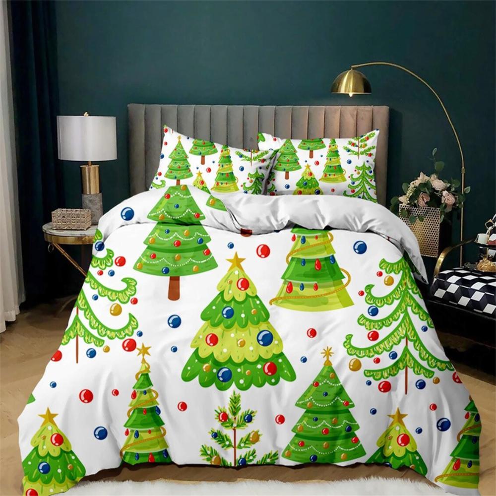 Festive Christmas Tree Bedding Set, Green and White Duvet Cover, Holiday Quilt Cover, Dorm Bedding, Vibrant Bedspread, Holiday