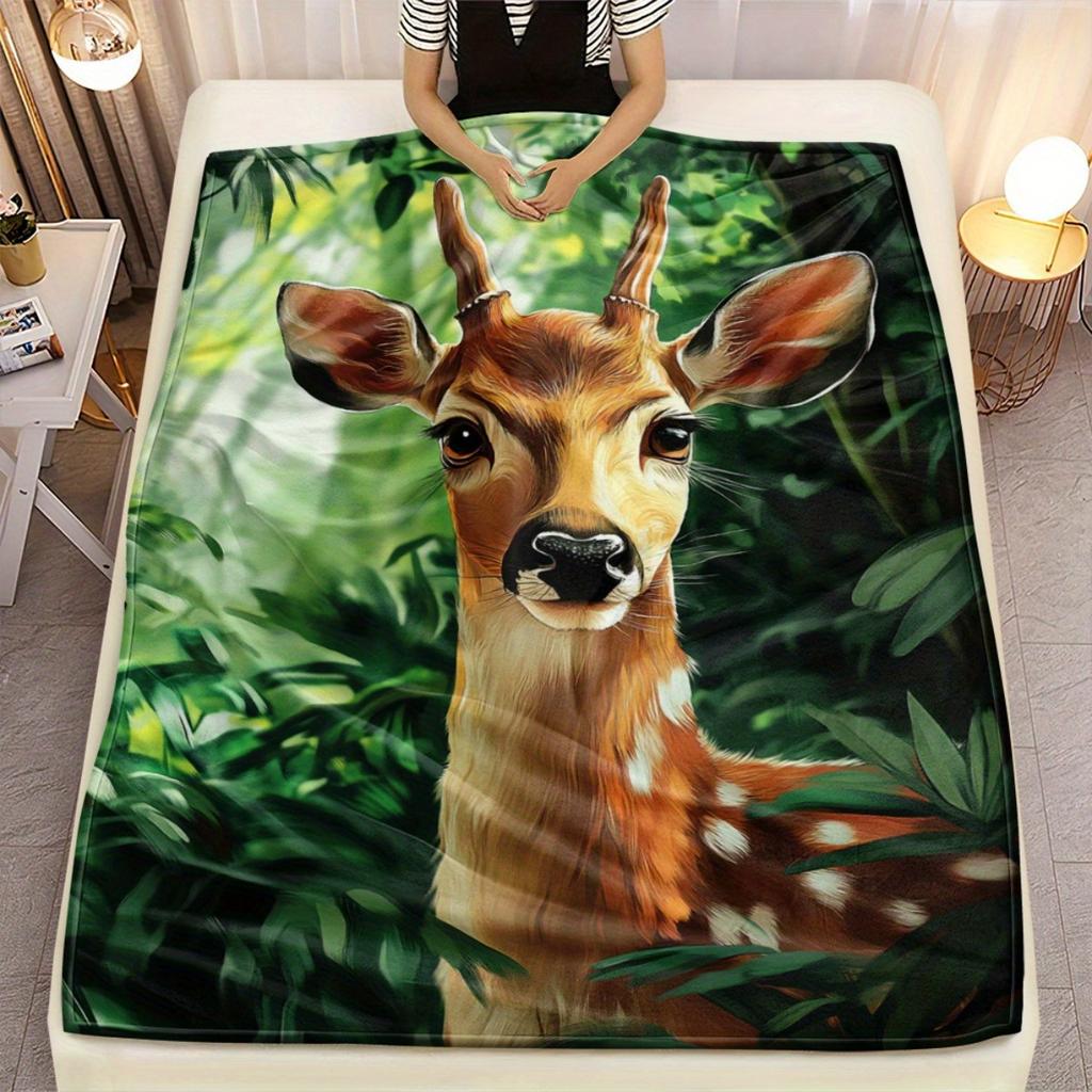 Deer in forest plush blanket animal print soft cozy blanket nature wildlife design flannel blanket home decor gift for nature