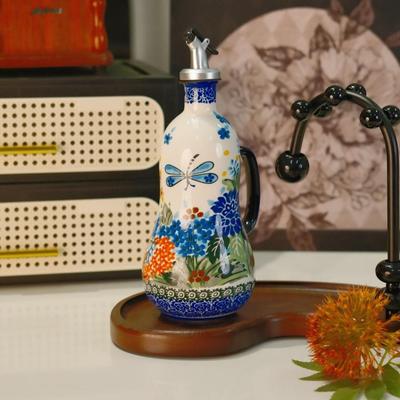 Retro ručně malovaný keramický olejový a octový džbán - Nekapající, glazovaný podglazurou, s lisovacím mechanismem