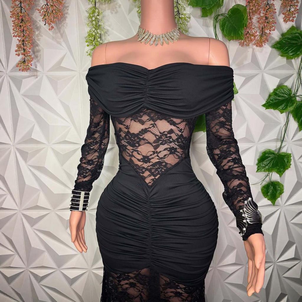 Summer New European and American Off-shoulder Lace Cutout Dress with Waist and Hip Support