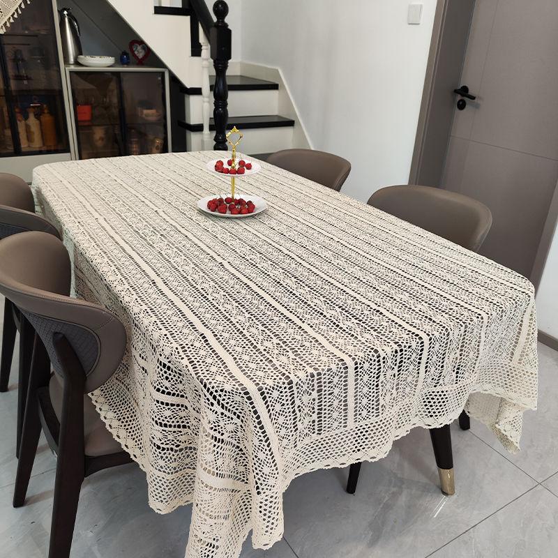 1pc Rustic Crochet Lace Tablecloth with Tassels – Elegant Diamond Plaid Design, Cream Floral Patterns, Perfect for Weddings, Family Banquets