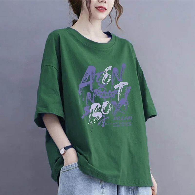 Women Casual Korean Printing O-neck Oversized Top Tee Summer All-match Letter Loose Cotton T-Shirt Women Clothing Pullover Tops