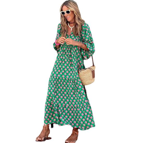 Women Dress V Neck Three Quarter Bubble Sleeve Geometric Print Loose Patchwork A-line Big Hem Flowy