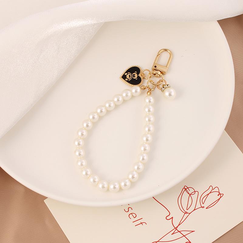Pearl Car Alloy Keychain with Creative Bear & Heart Charm Accessory for Bags & Earphone Cases