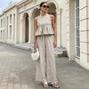 Damen Trägertop Hose Zweiteiliges Set Sommer Kariert Ärmellos Rüschen T-Shirt Weite Hosen Locker Lässig O-Ausschnitt Shirt Elastischer Bund