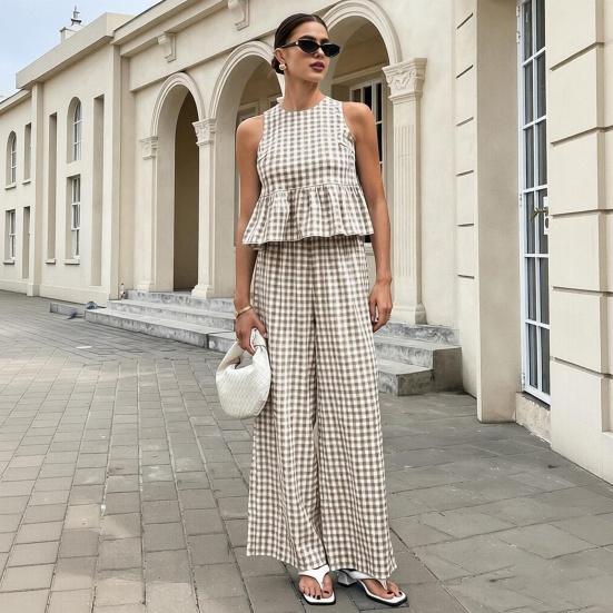 Damen Trägertop Hose Zweiteiliges Set Sommer Kariert Ärmellos Rüschen T-Shirt Weite Hosen Locker Lässig O-Ausschnitt Shirt Elastischer Bund