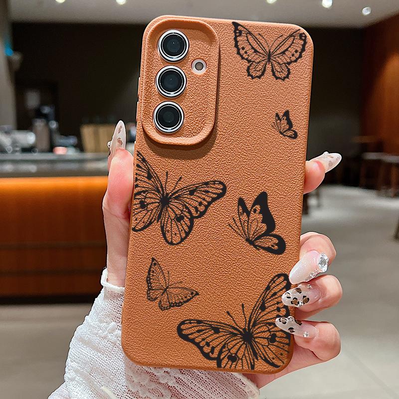 Leather Texture Butterfly Printed Case For Samsung Galaxy S24 FE S25 S23 S22 Ultra A16 A55 A15 A54 A35 A25 A56 5G Soft TPU Cover