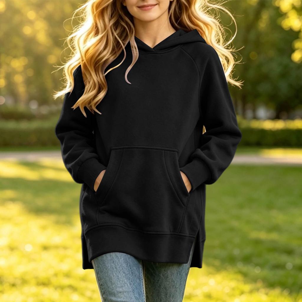 Big Girls Casual Long Sleeve Hoodie Long Length Pullover with Slit Hem for Fall Winter