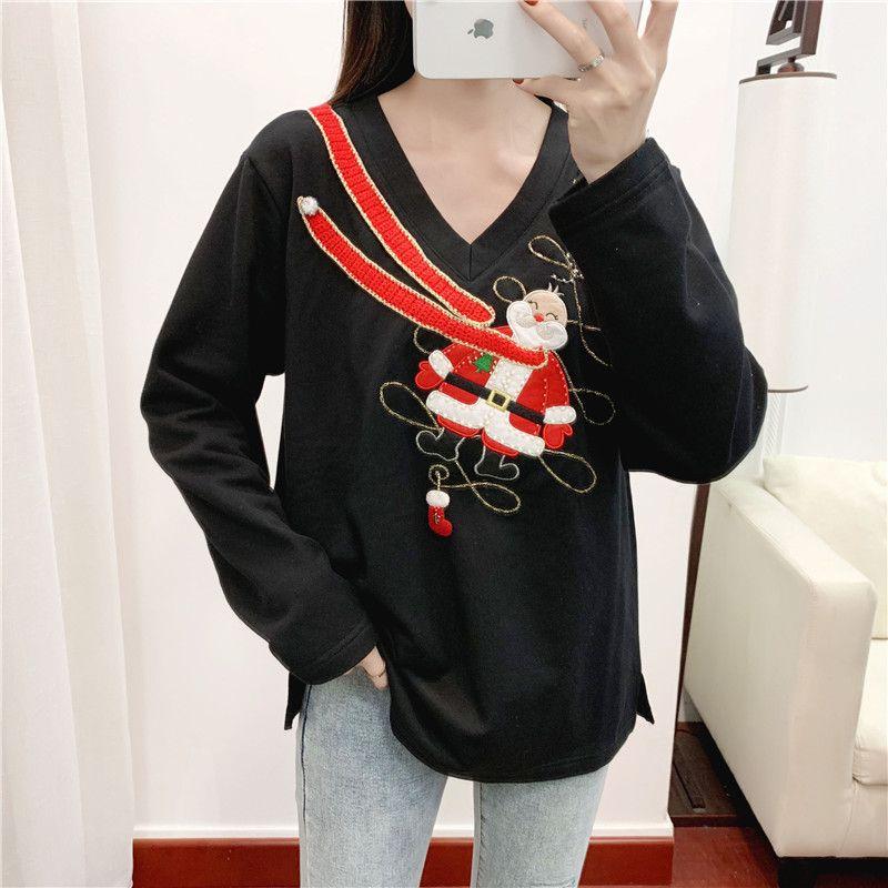 

Autumn and Winter Cotton Long Sleeve Large Size Plus Size Ladies Knitwear Embroidery Black 1X: Bust size 124