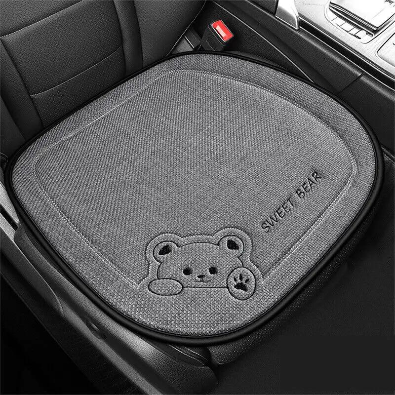 1pc Cartoon Bear Car Seat Cover Linen Anti-Slip Breathable Auto Single Pad Universal Car Square Seat Rear Seat Back Cushion