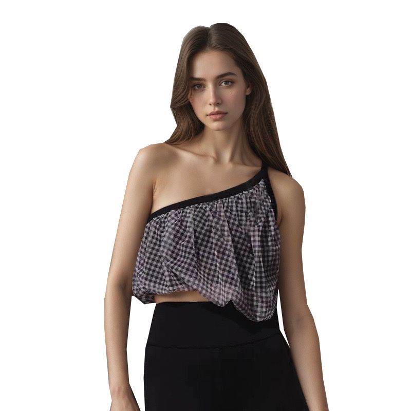 One Shoulder Gingham Beauty Back Exercise Bra Women's Oblique Shoulder Yoga Intimates Outwear Running Workout Vest with Chest Pad Slim Looking