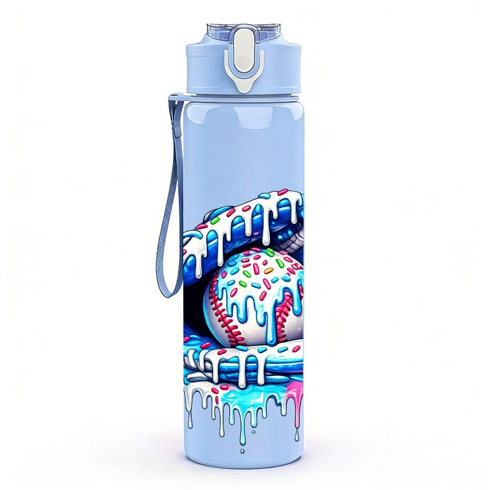 1PC Abstract Baseball Ball Graffiti Print 750ml Color Plastic Sports Water Bottle Leakproof Flip Straw Lid Suitable for Sports Office Home Use
