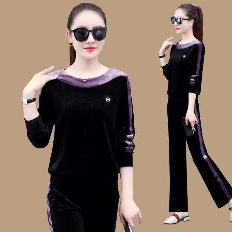 Gold Velvet Sportswear Set - Women's Spring-Autumn Fashion Chic Large-Sized Casual Loose Two-Piece Set