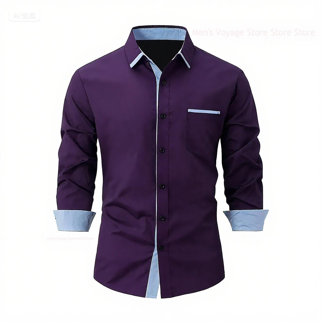 

2025 Fashionable Men s Four-Way Stretch Men s Shirt Color Block Business Slim Long Sleeve High-End Shirt S фіолетовий