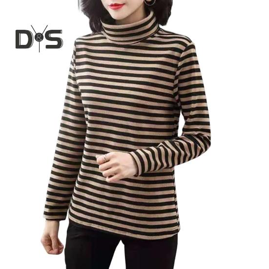 Damen-Oberteile mit hohem Kragen, langen Ärmeln, verdicktem Samtfutter, Pullover-Oberteile, gestreifter Aufdruck