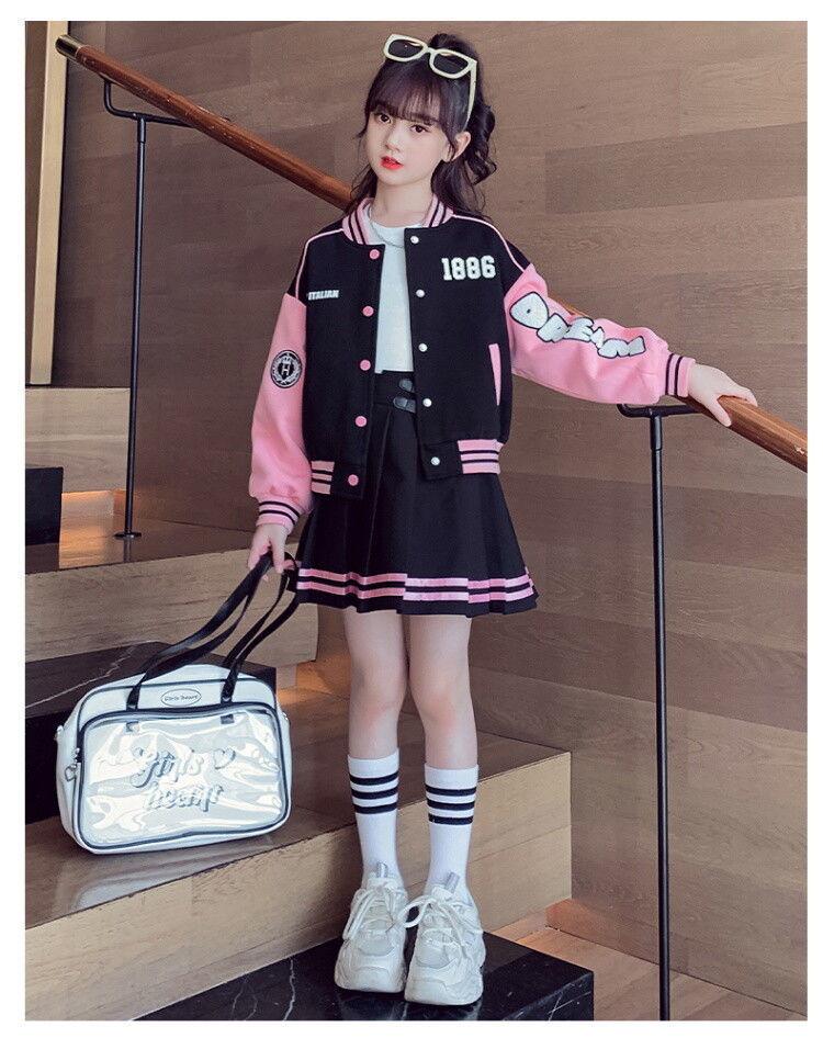 2024 Mädchen Koreanischer Stil Baseballjacke & Plisseerock Set - Frühling/Herbst Trendiges Zweiteiler für Große Kinder