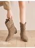 Inner Height Increasing Western Cowboy Boots Vintage Pleated Pile Boots Pointed Frosted Suede Maillard Medium Boots